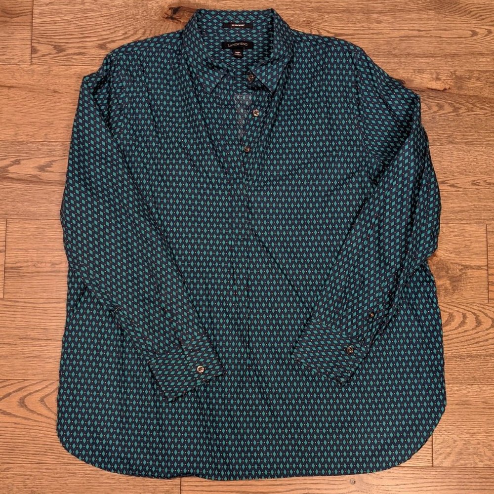 Lands' End Button Down Shirt Green & Blue Diamond